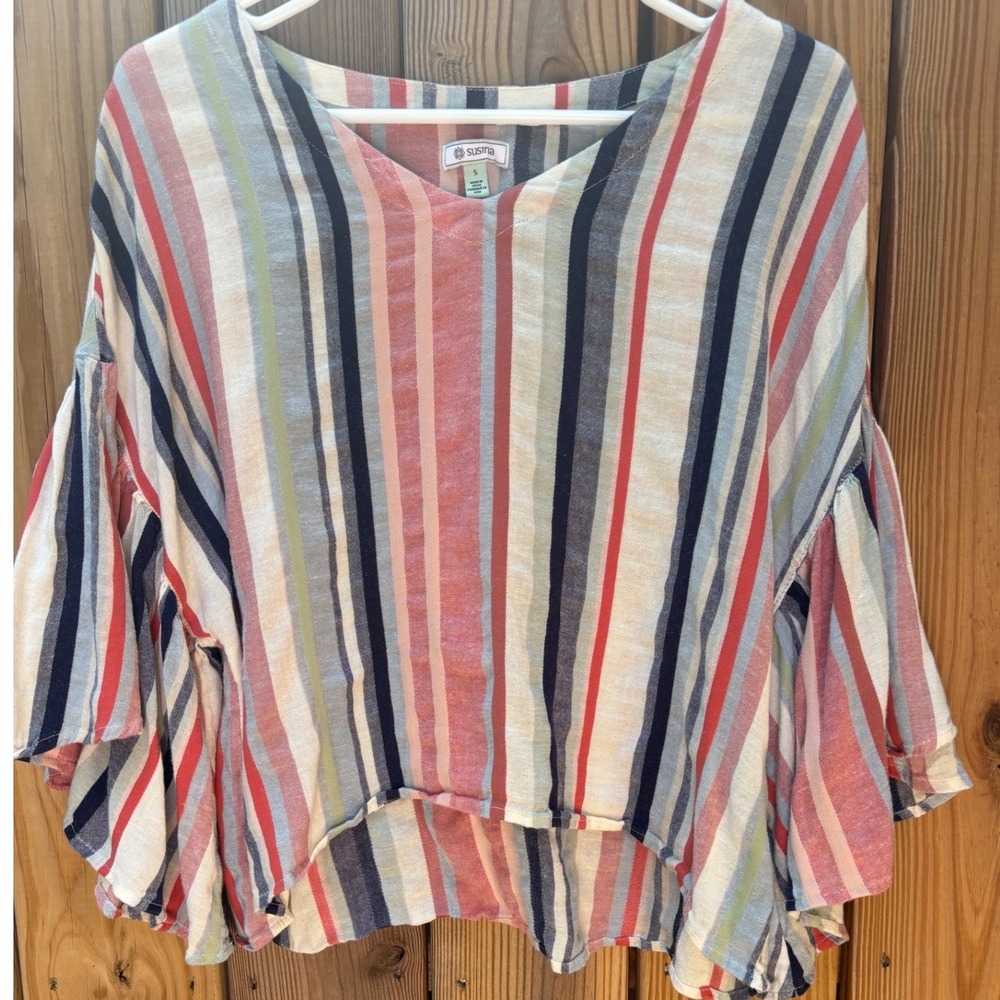 Susina Womens Multi Color Striped V-Neck Bell Sleeve High Low Blouse Top Small